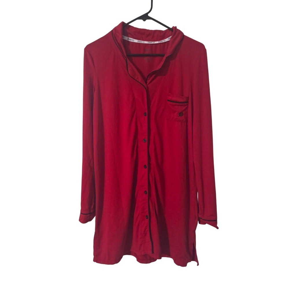 Born Womens Red Long Sleeve Button Up Nightgown Shirt With Black Trim Size S
